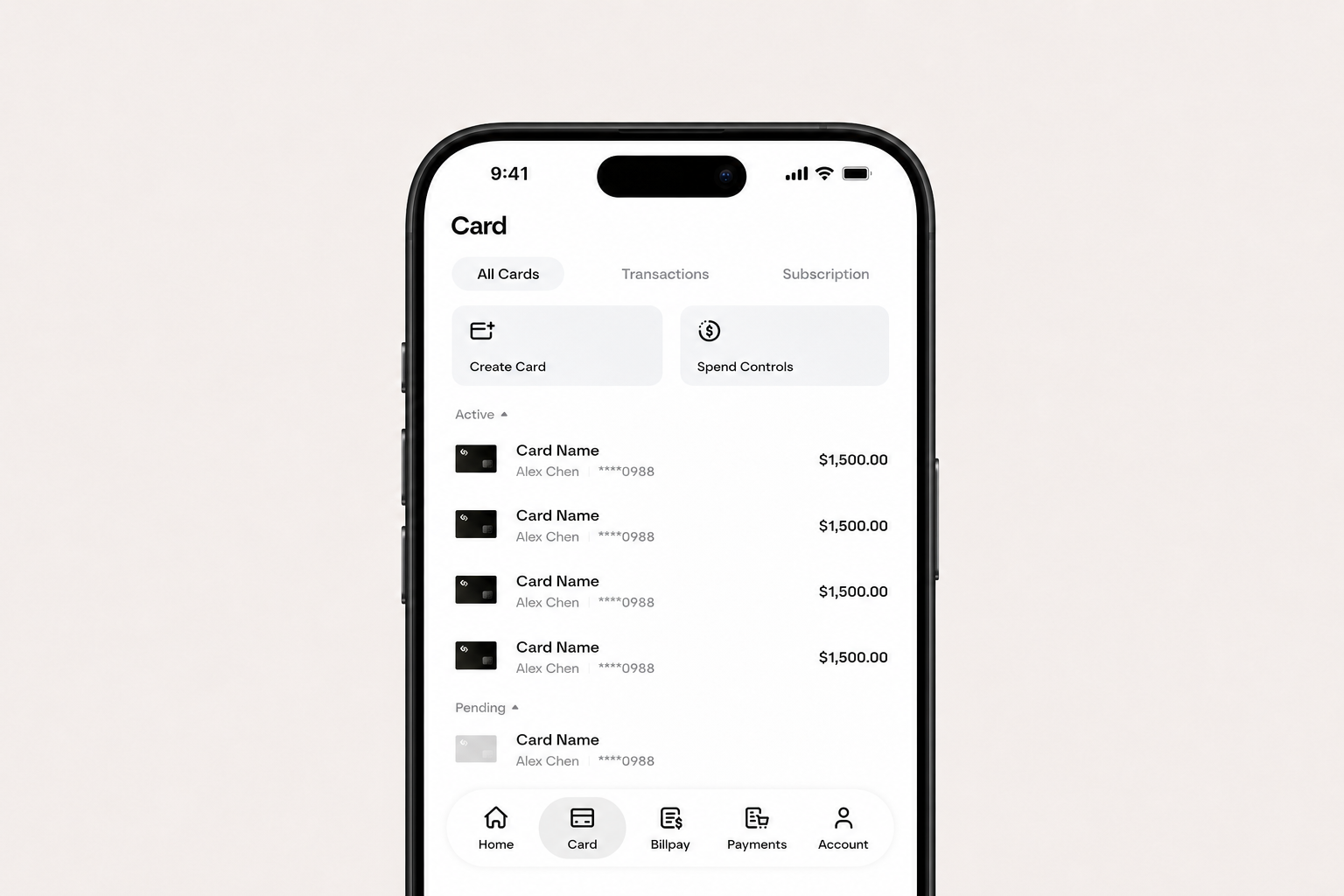 Infini mobile corporate cards product interface
