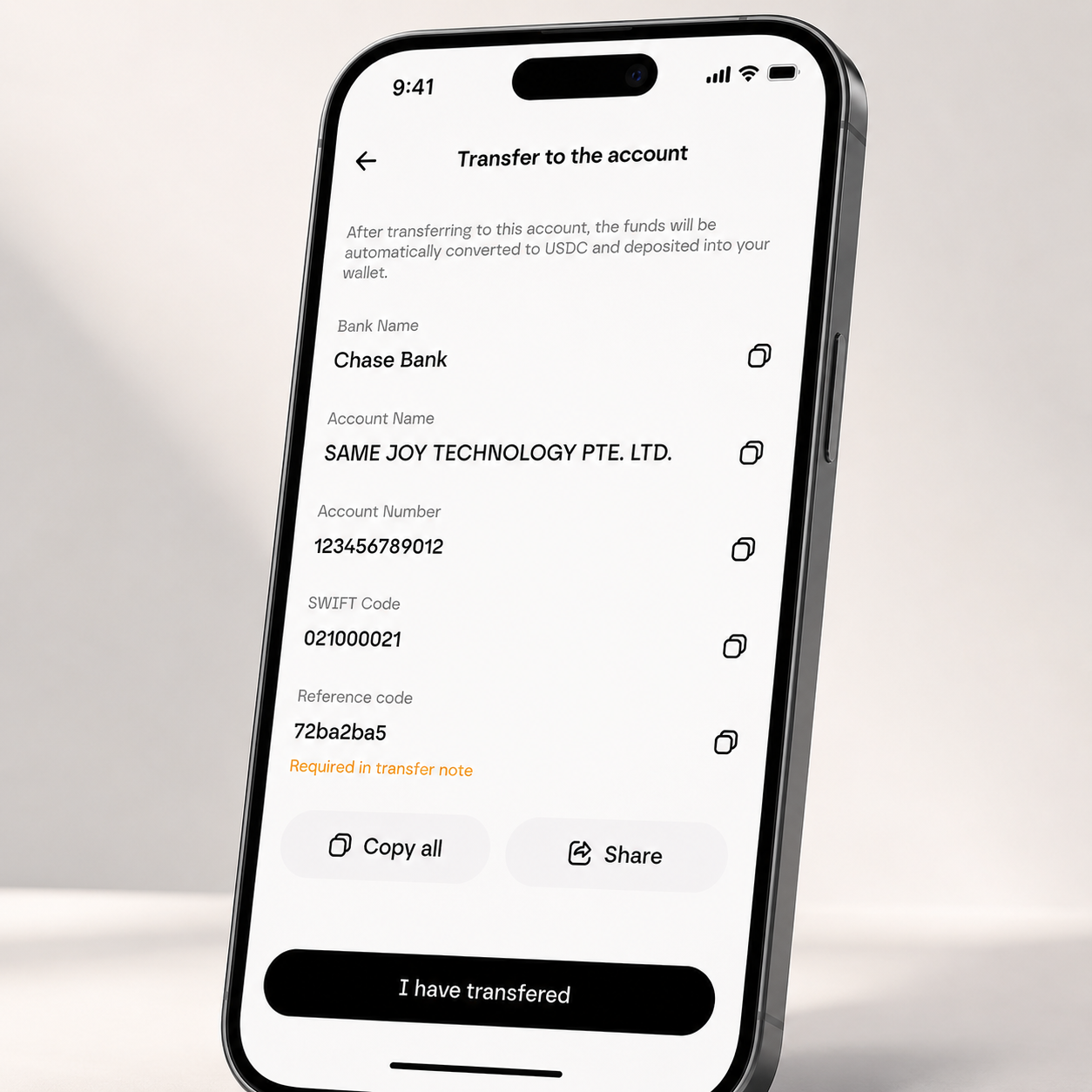 Infini virtual account bank transfer details on mobile