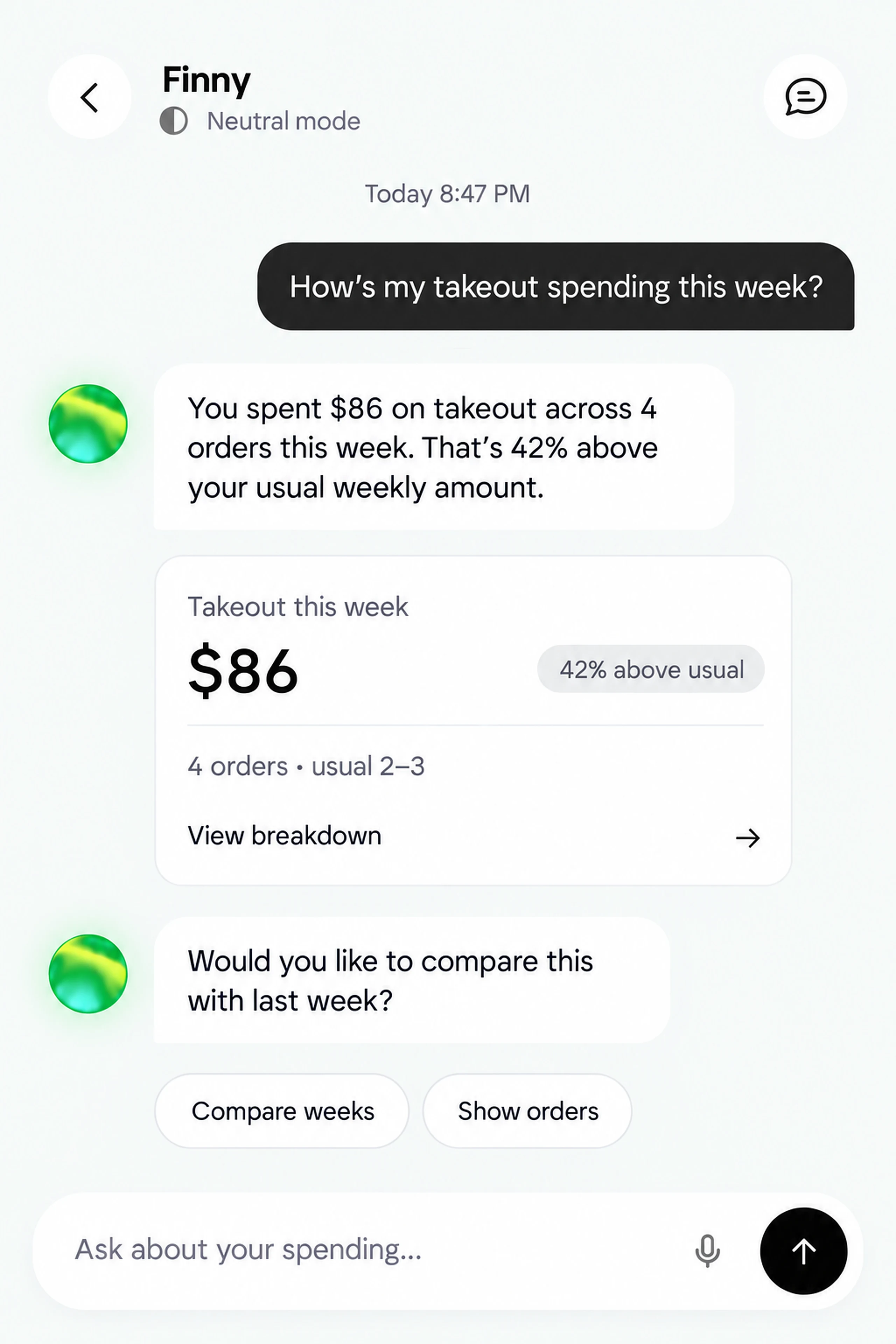 Neutral mode example of Finny reviewing weekly takeout spending