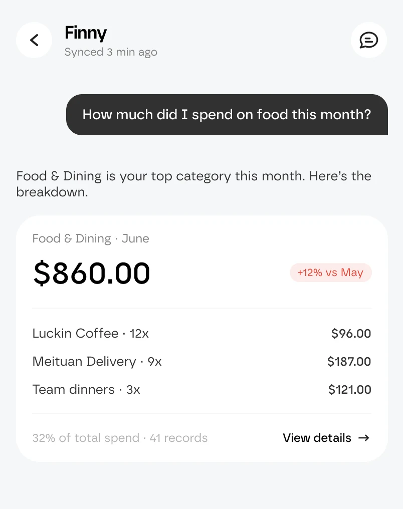 Finny answering the question “How much did I spend on food this month?” with an $860 Food and Dining breakdown by merchant