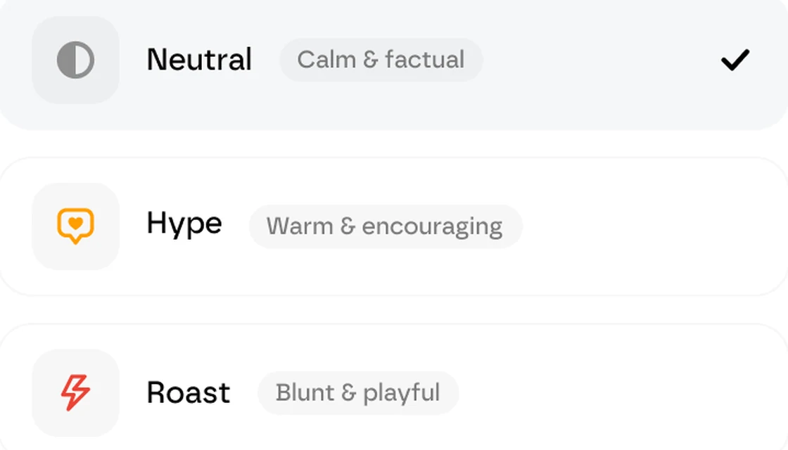 Finny check-in style options — Neutral, Hype, and Roast