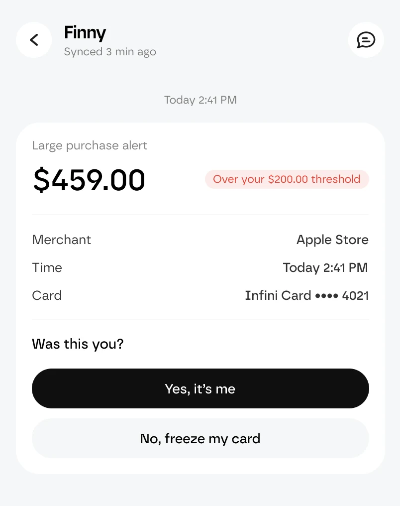 Finny large purchase alert showing a $459 Apple Store charge that is over the user’s $200 threshold, with confirm and freeze card options