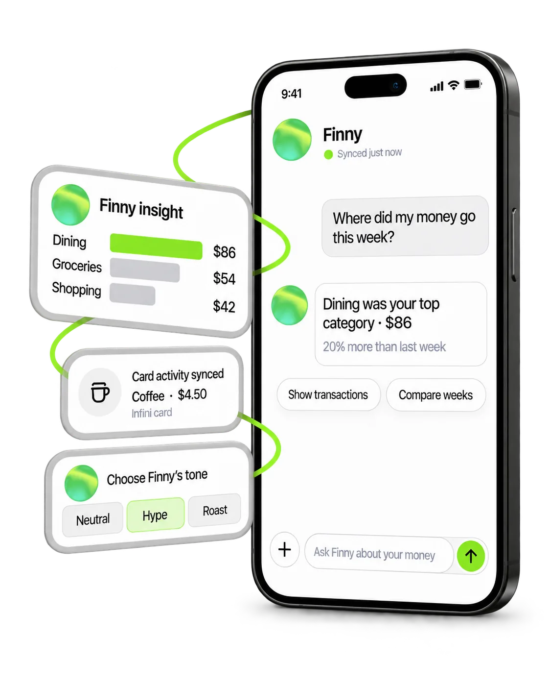 Finny AI assistant tracking spending in the Infini app