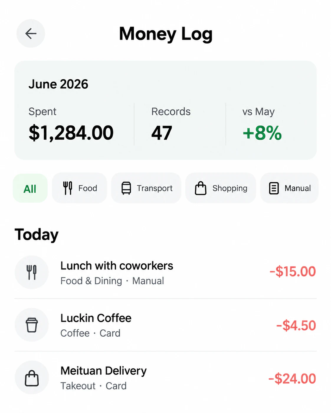 Finny Money Log screen showing three card and manual expenses together under Today