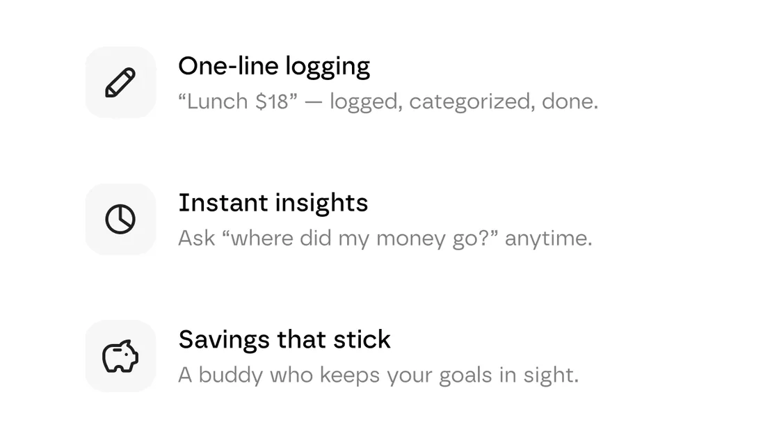 Finny onboarding screen listing one-line logging, instant insights, and savings goals
