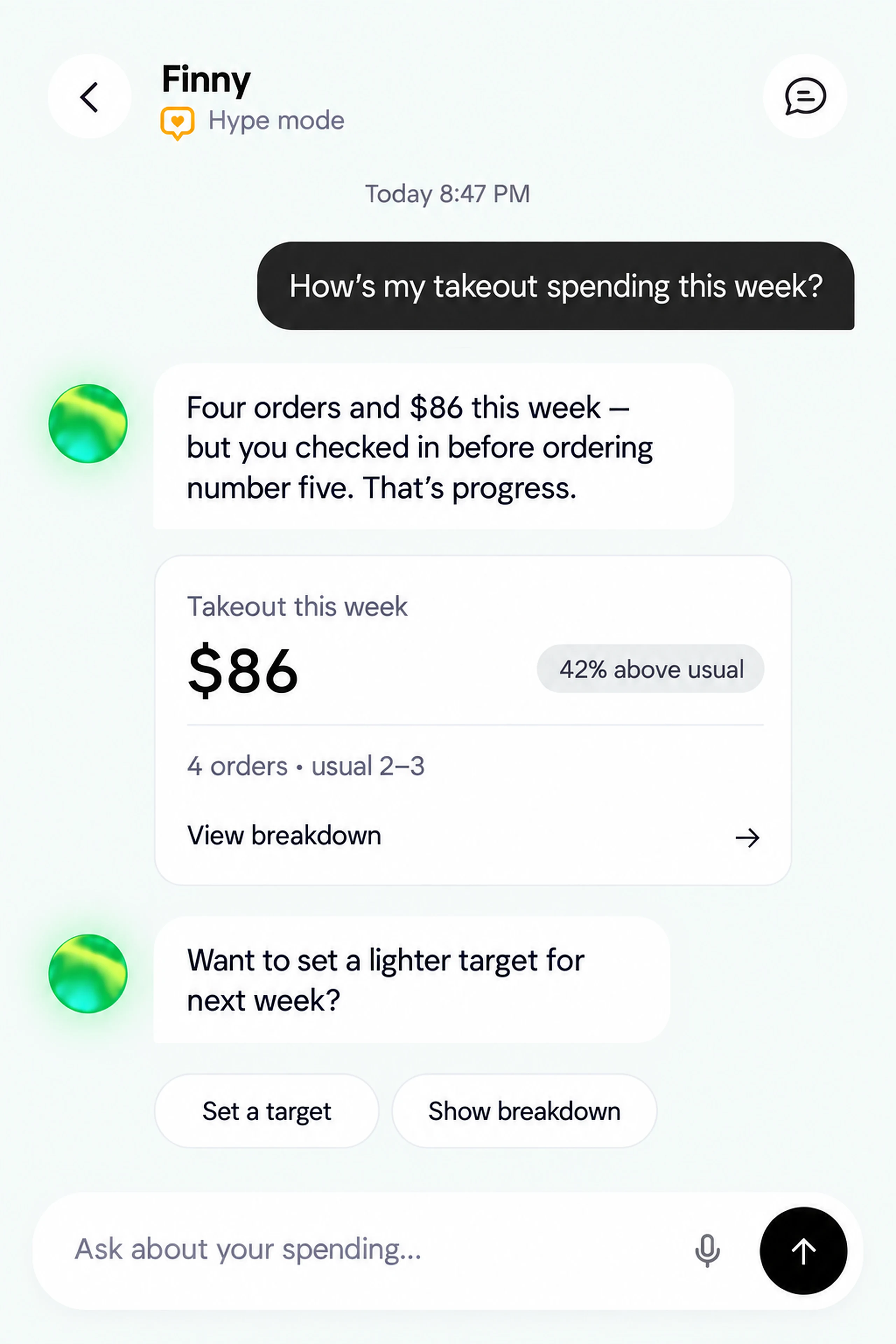 Hype mode example of Finny reviewing weekly takeout spending
