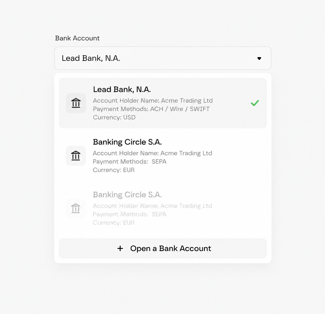 Infini bank account selector showing Lead Bank and Banking Circle options