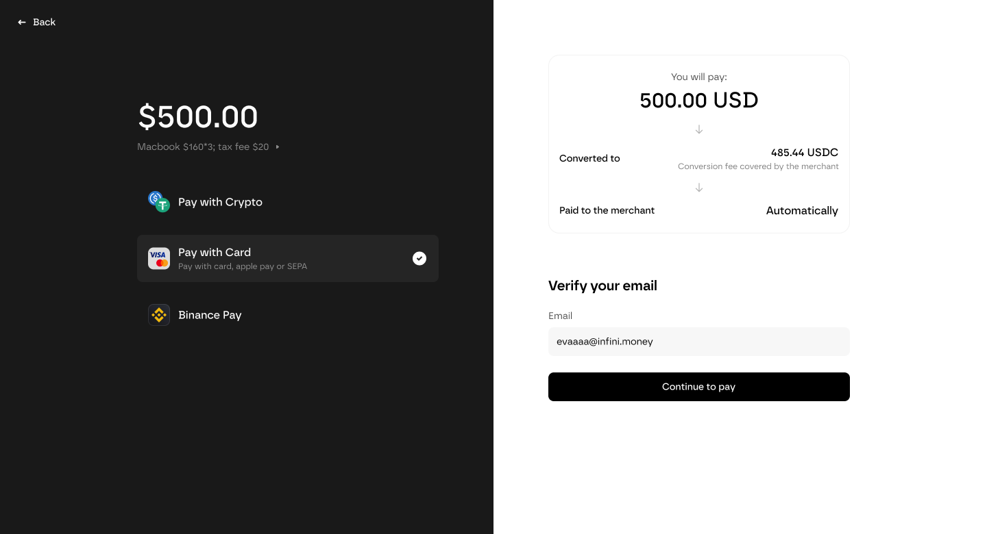 Infini hosted Checkout desktop payment screen