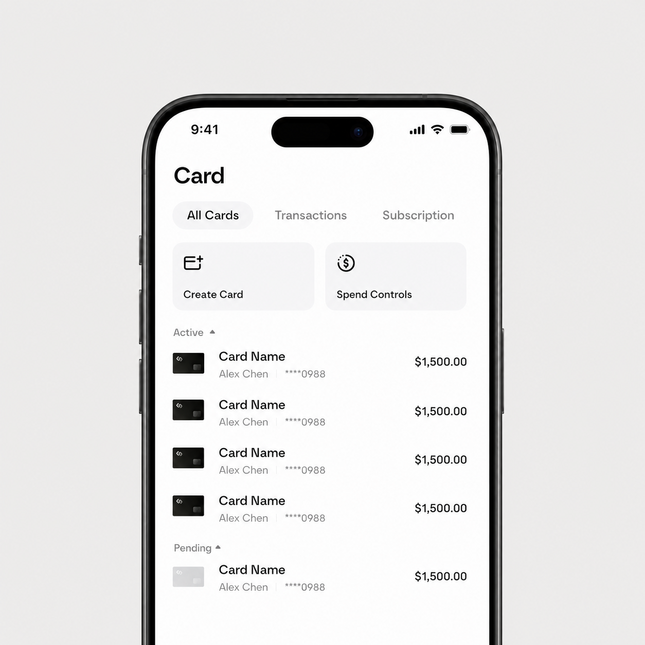 Infini virtual corporate card controls on mobile