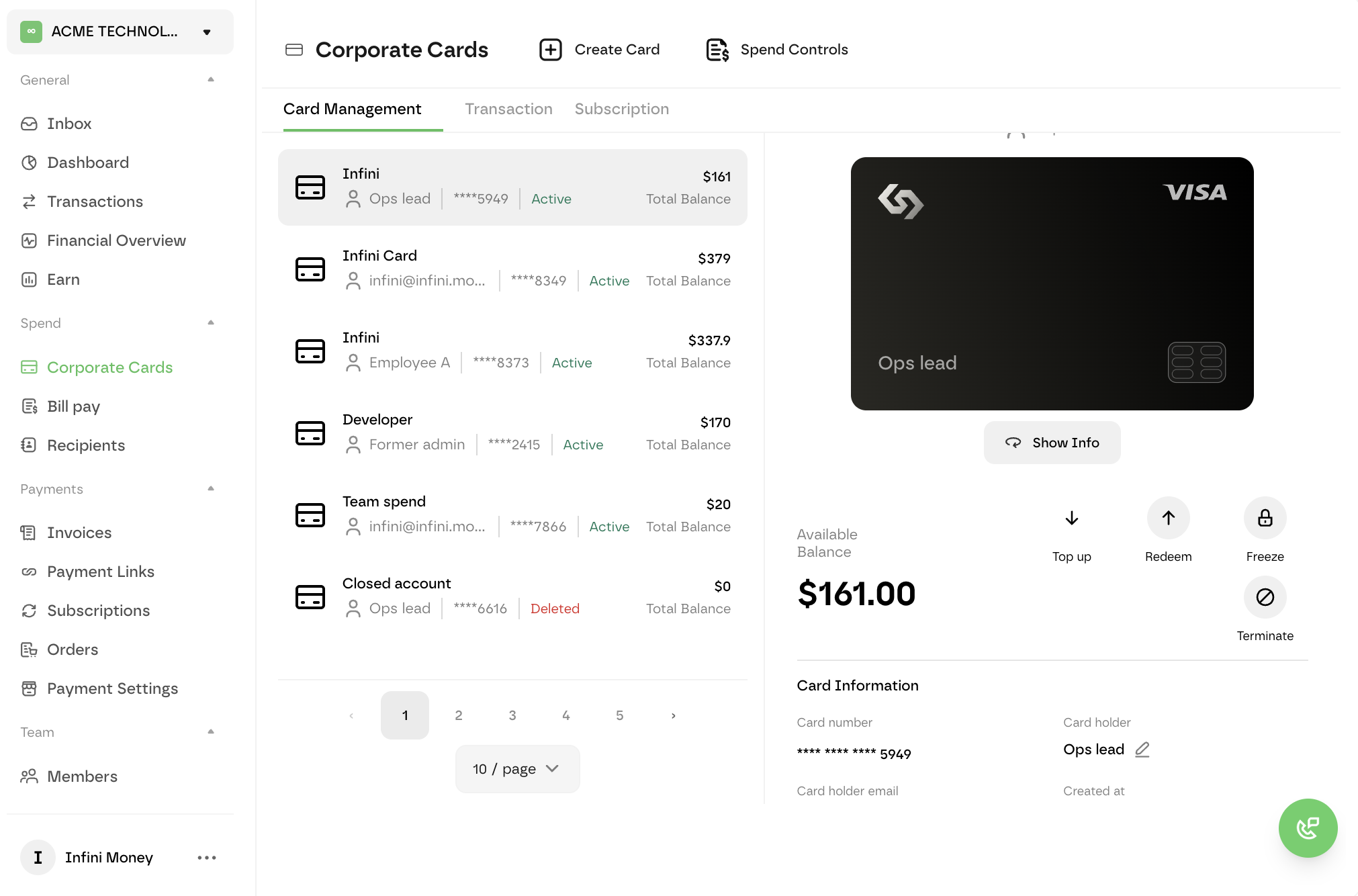 Screenshot: Corporate Cards dashboard