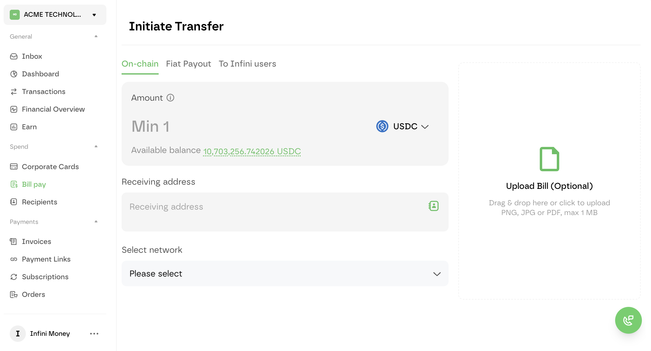 Screenshot: Bill Pay dashboard