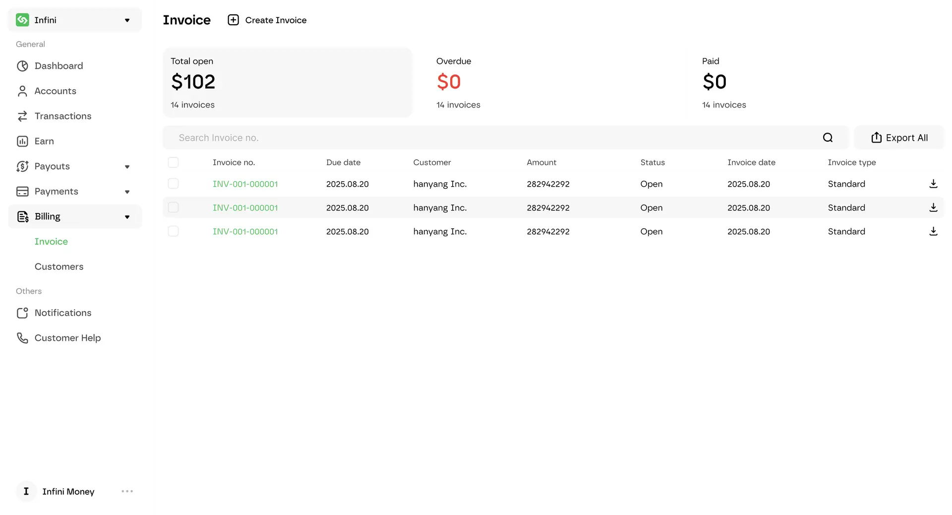 Infini invoice list and payment status