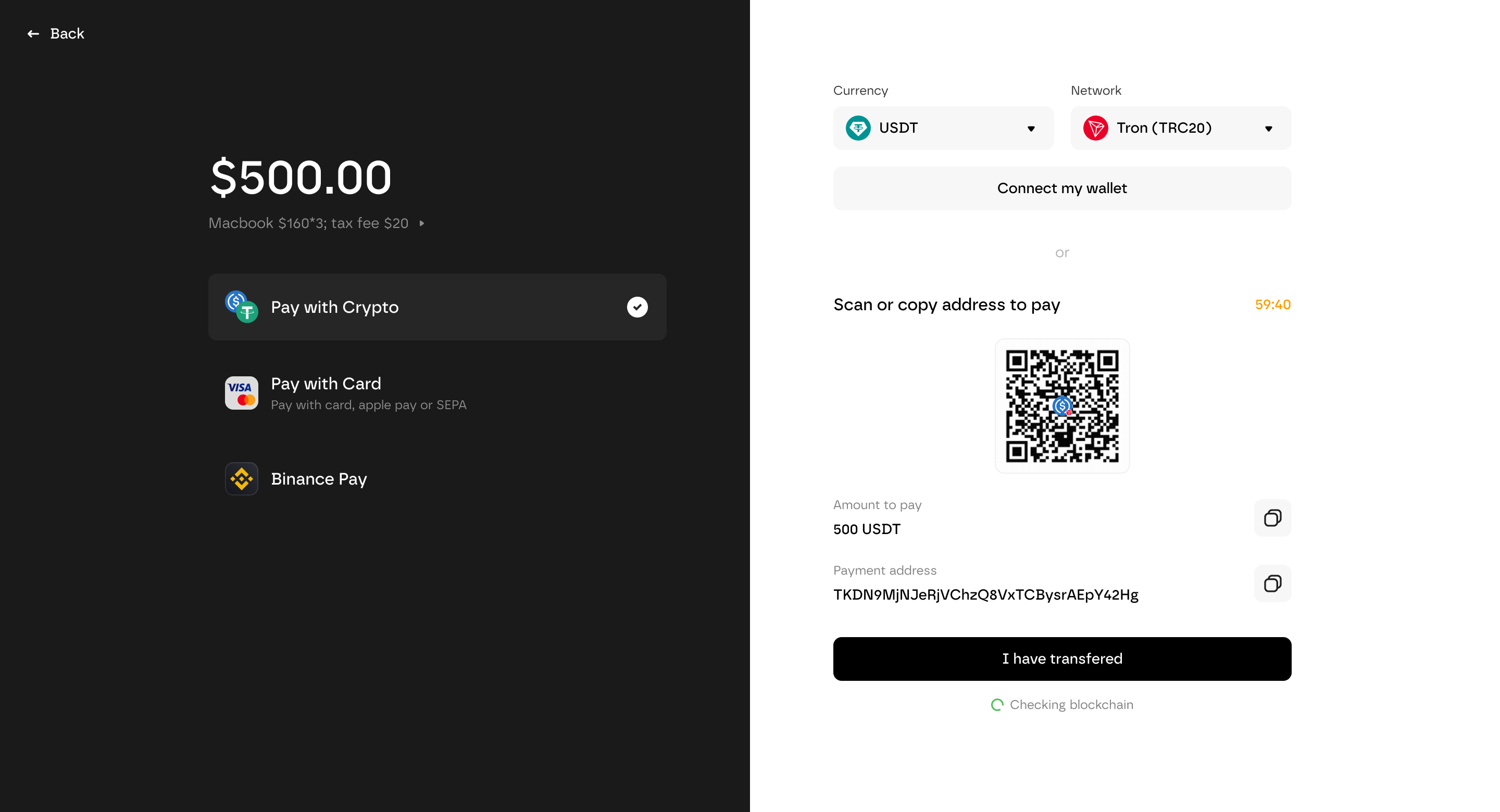Checkout screen showing crypto, card and Binance Pay options, with a wallet connection and payment QR code